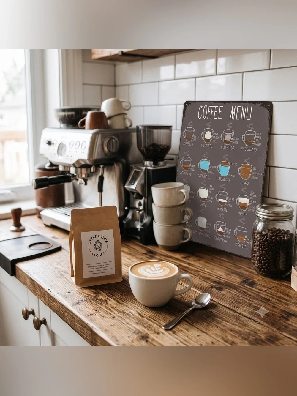 Coffee Menu Wall Art with Brown and White Design